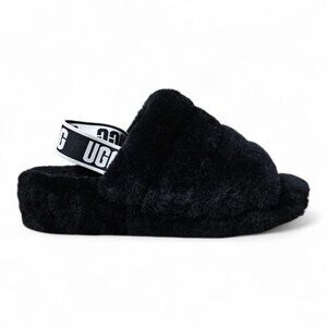 UGG Fluff Yeah Slide Black Slippers Shearling Slingback Slip On Shoe Sandals